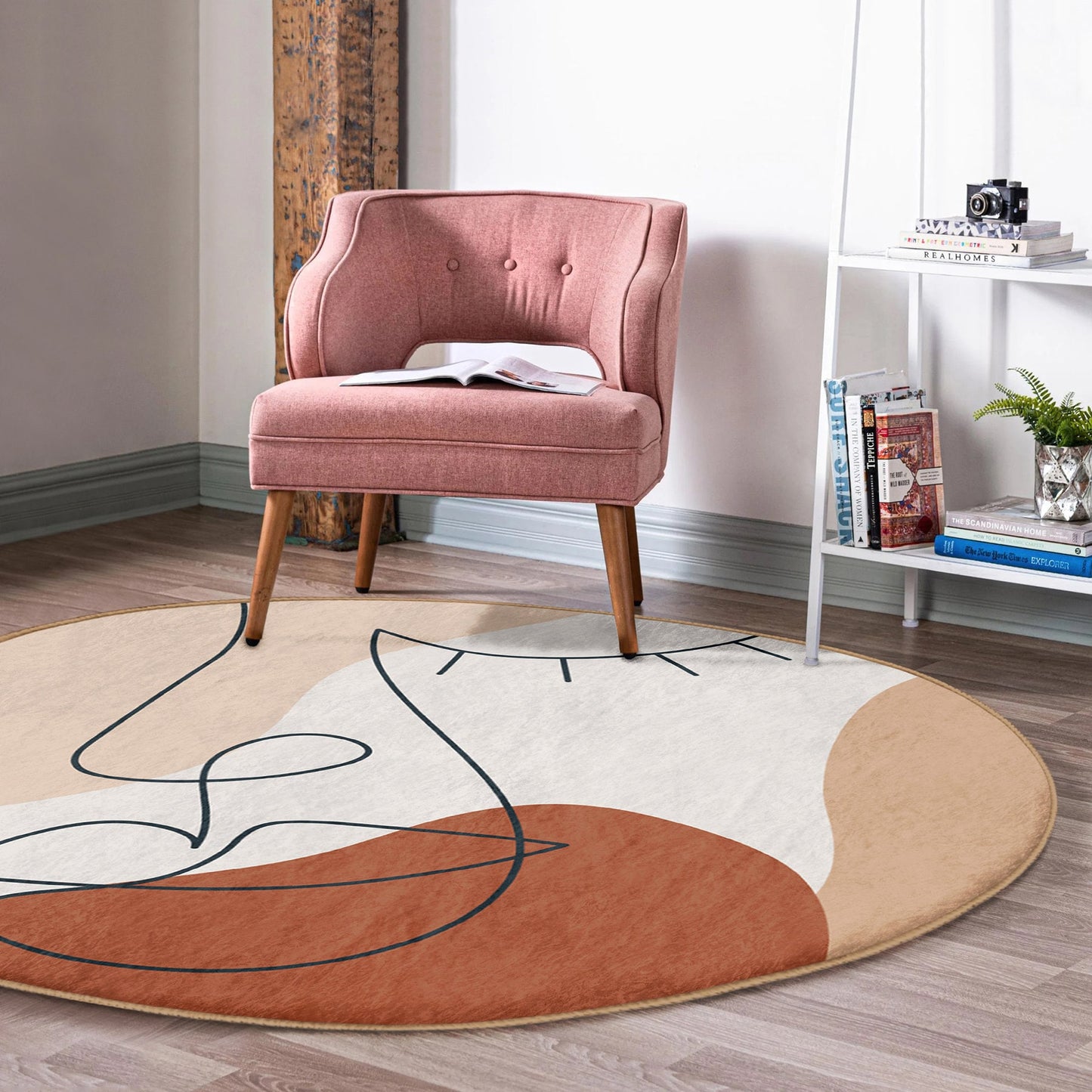 Runder, weicher Teppich in sanften Farben, minimalistisches abstraktes Design, rutschfeste Unterseite, Zeichnungsmuster – Wohnzimmer, Schlafzimmer, Teppich für modernes Zuhause