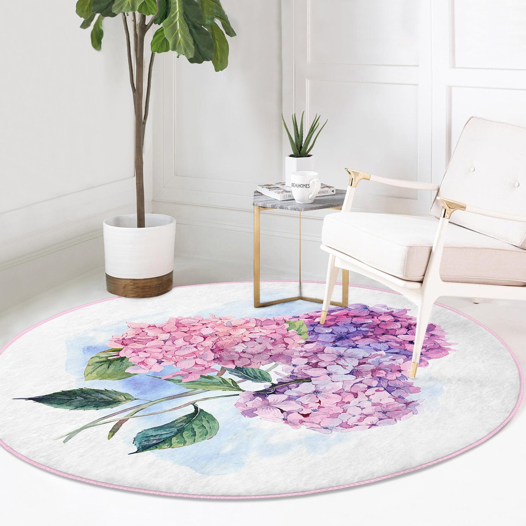 Modern white chair and side table on round floral hydrangea area rug in bright living room