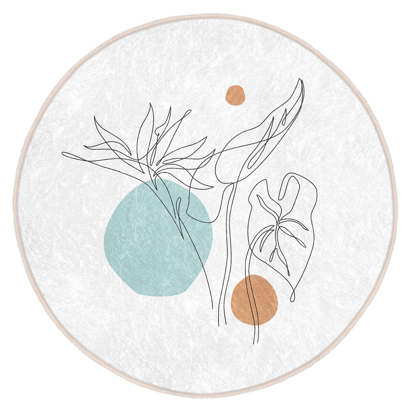Round white rug with minimalist botanical line art and abstract blue and brown shapes