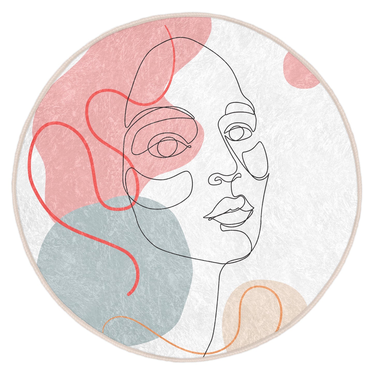 Round rug with abstract contour line art of a woman's face and colorful pastel shapes