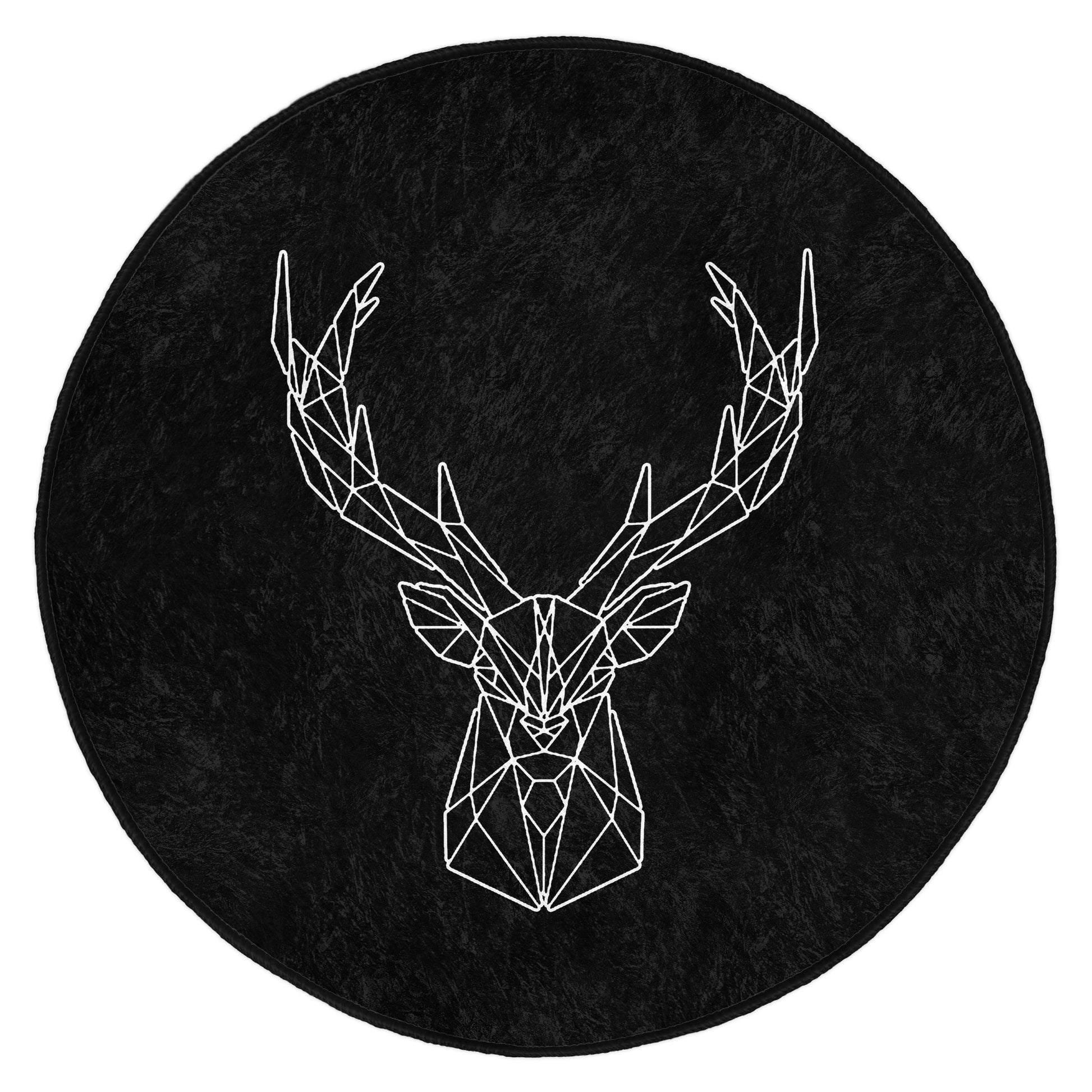 Black round rug featuring a white geometric deer head design with large antlers