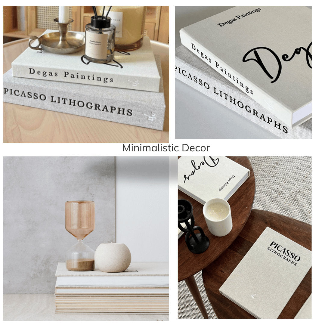 Minimalist decor with stacked art books 'Degas Paintings' and 'Picasso Lithographs' styled with candles and hourglass