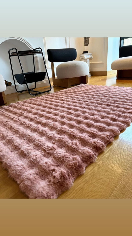 Luxuriöser, weicher Plüschteppich in Zuckerrosa – Bubble-Fleece-Teppich – Elegantes Kunstfell aus Kaninchenfell, weichster Teppich für alle Räume | Waschbarer Bestseller