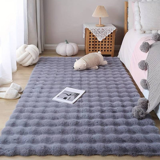 Grauer, luxuriöser Plüschteppich – Bubble-Fleece-Teppich – Elegantes Kaninchenfell-Design, weichster Teppich für alle Räume | Bestseller | Waschbar