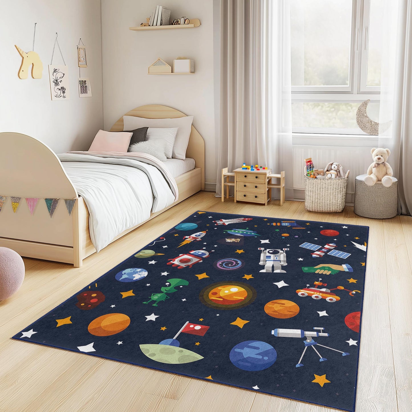 Kosmischer Abenteuer-Spielteppich für Kinder, rechteckiger Weltraumteppich, Weltraum-Kinderteppich, Galaxie-Dekor fürs Kinderzimmer