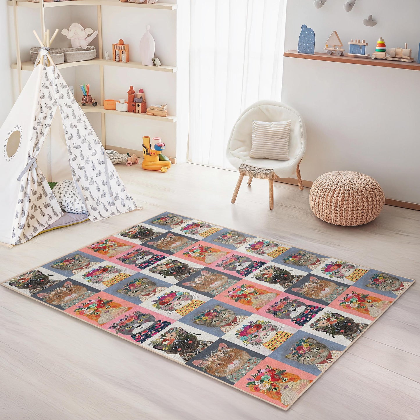 Kinderzimmerteppich mit Blumen- und Katzenmuster, rechteckige Spielmatte mit Katzenmotiv, Kinderzimmerteppich, niedliche Katzendekoration, Teppich mit Tiermotiv für Kinder