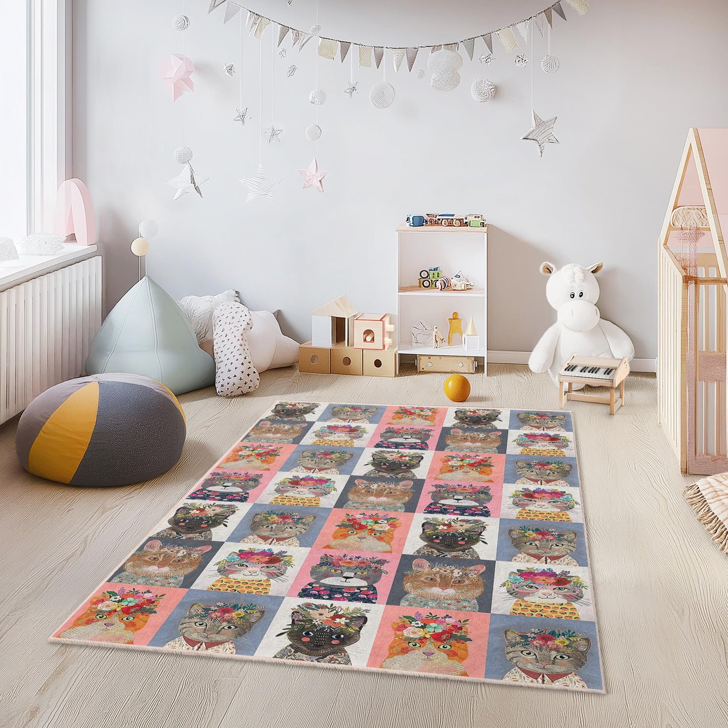 Kinderzimmerteppich mit Blumen- und Katzenmuster, rechteckige Spielmatte mit Katzenmotiv, Kinderzimmerteppich, niedliche Katzendekoration, Teppich mit Tiermotiv für Kinder