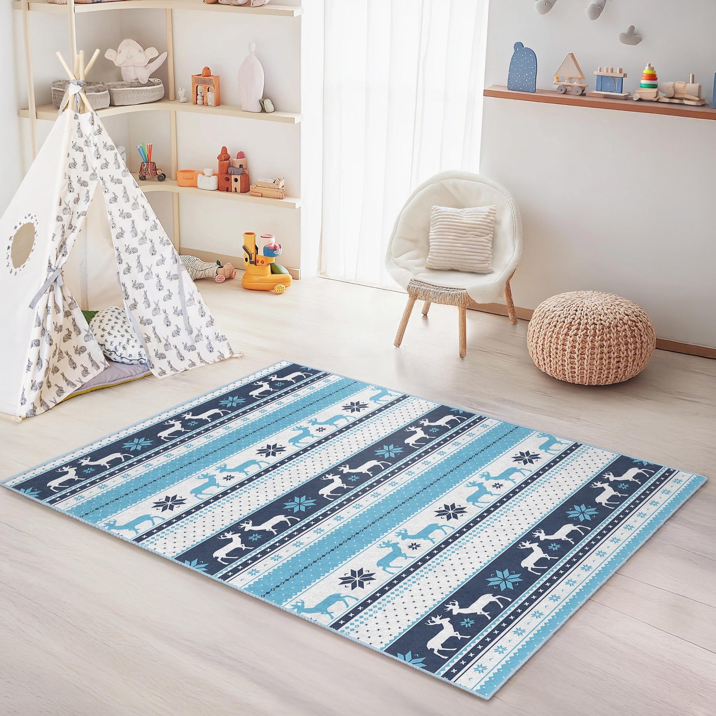 Winterwunderland-Hirschmuster-Kinderteppich, rechteckige Spielmatte fürs Kinderzimmer, gemütliche Kinderzimmerdekoration, blau-weißes Design