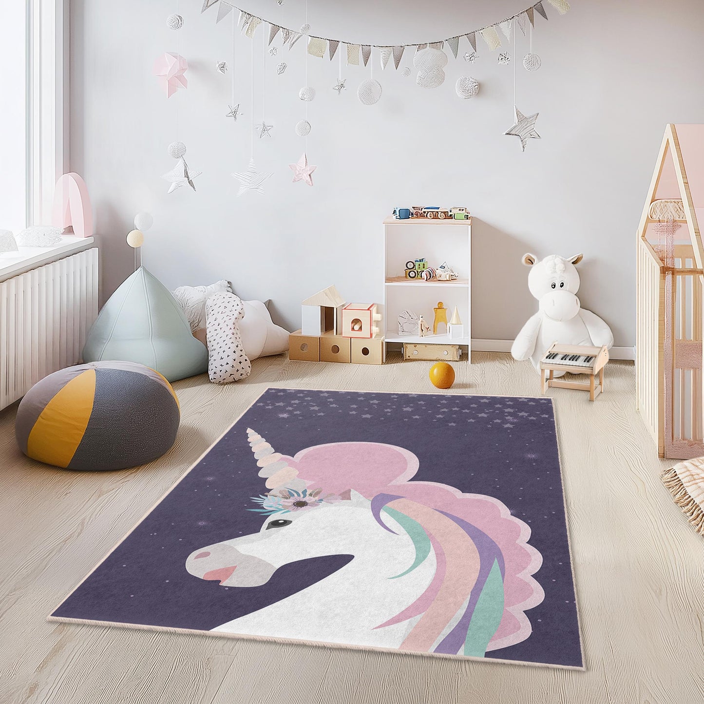 Magischer Einhorn-Kinderteppich, rechteckiger Einhorn-Teppich, Kinderzimmerdeko, Spielzimmerteppich, Fantasy-Teppich