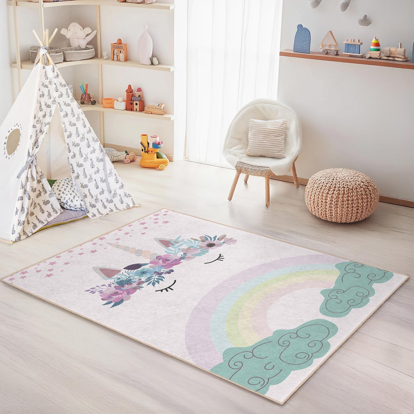 Verspielter Einhorn-Spielteppich für Kinder, Regenbogen-Spielmatte, rechteckiger Kinderteppich, Kinderzimmerdekoration, Spielteppich mit Blumenmuster