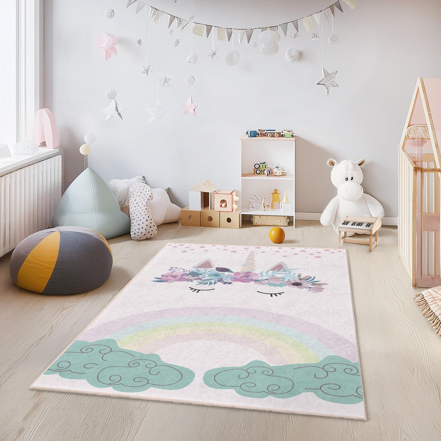 Verspielter Einhorn-Spielteppich für Kinder, Regenbogen-Spielmatte, rechteckiger Kinderteppich, Kinderzimmerdekoration, Spielteppich mit Blumenmuster