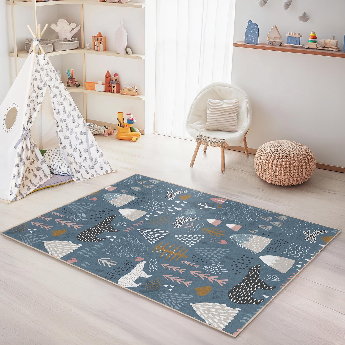 Waldabenteuer-Spielteppich für Kinder, Bären- und Baum-Spielmatte, weicher rechteckiger Kinderteppich, Kinderzimmerdekoration
