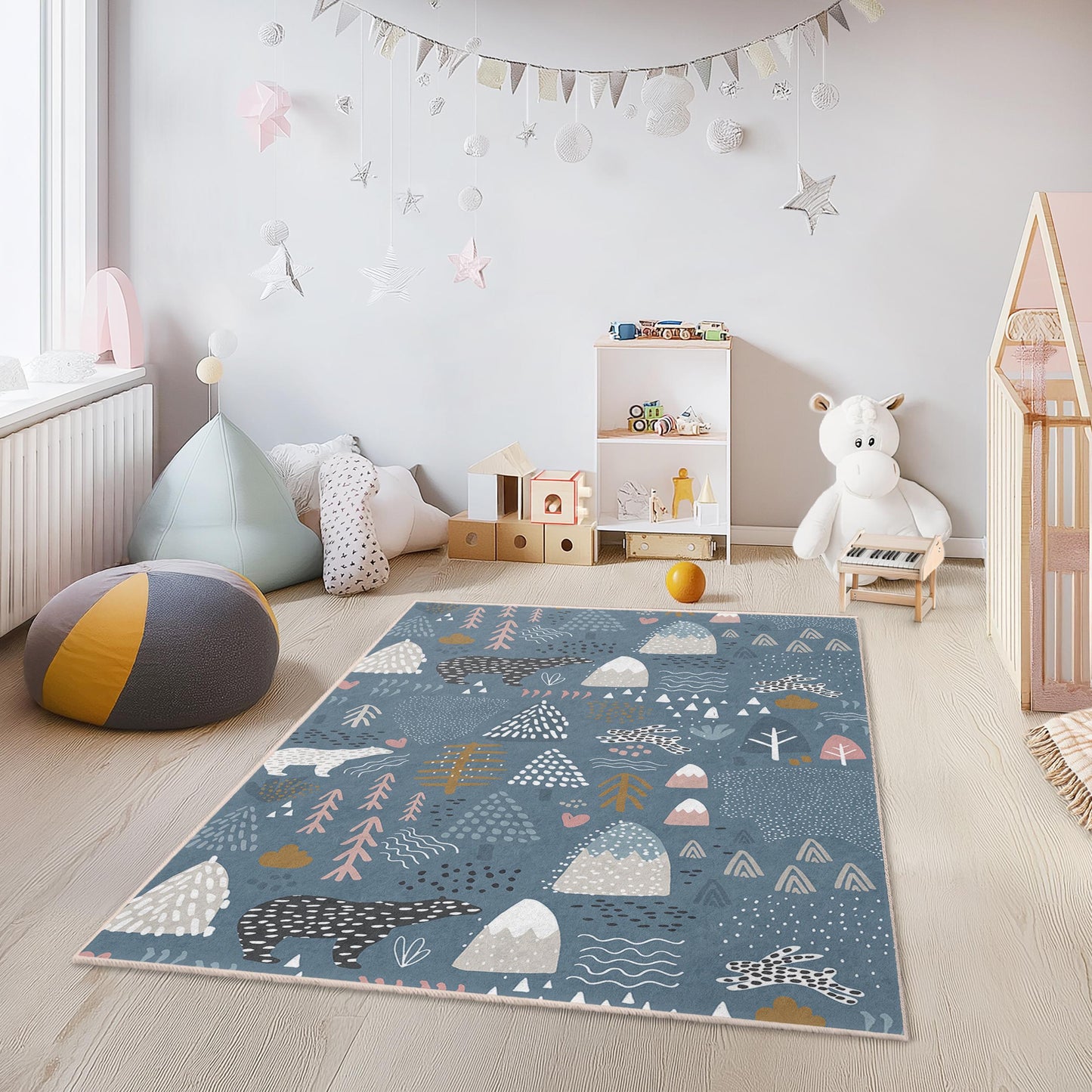 Waldabenteuer-Spielteppich für Kinder, Bären- und Baum-Spielmatte, weicher rechteckiger Kinderteppich, Kinderzimmerdekoration