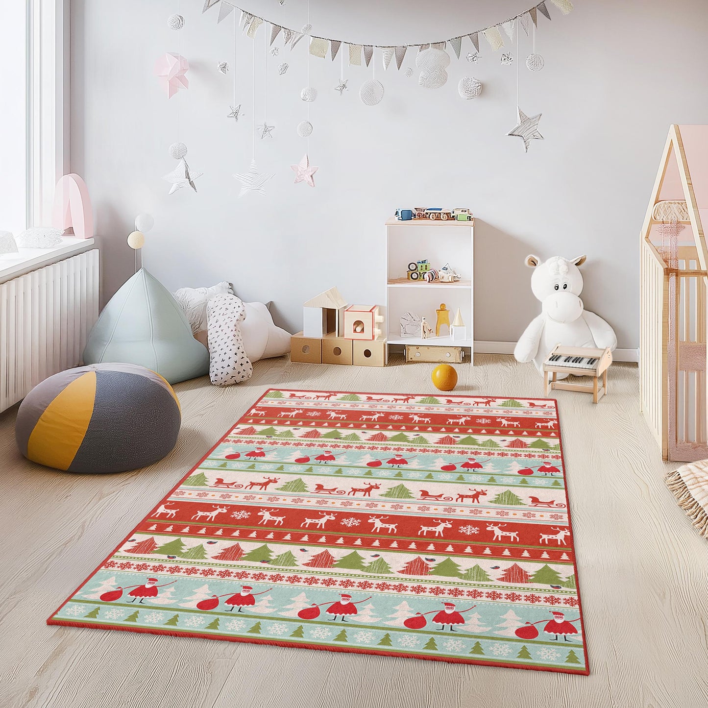 Festlicher Weihnachtsteppich für Kinder, rechteckige Weihnachtsspielmatte, Weihnachtsmann-Rentier-Teppich, Kinderzimmerdeko, Weihnachtsbaumteppich