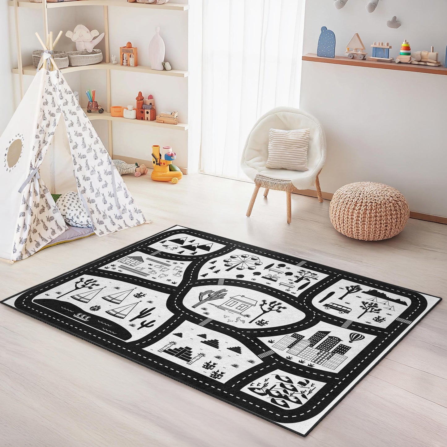 Abenteuer-Straßenkarten-Spielteppich für Kinder, schwarz-weiße Spielmatte, rechteckiger Kinderteppich, lustige Spielzimmerdekoration, weicher Kinderteppich