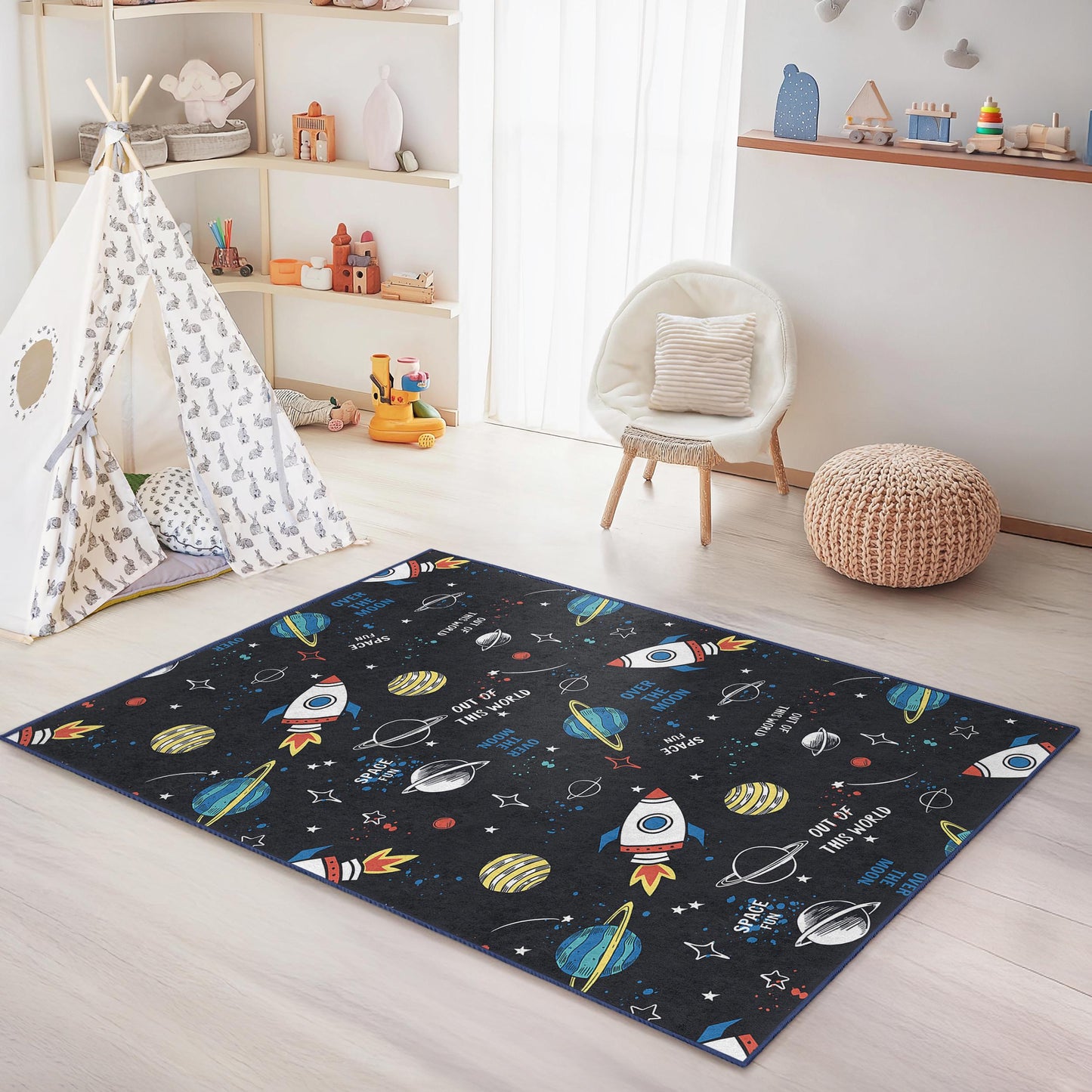 Weltraum-Spielteppich für Kinder, Raketen- und Planeten-Spielmatte, rechteckiger Kinderteppich, kosmische Deko fürs Kinderzimmer