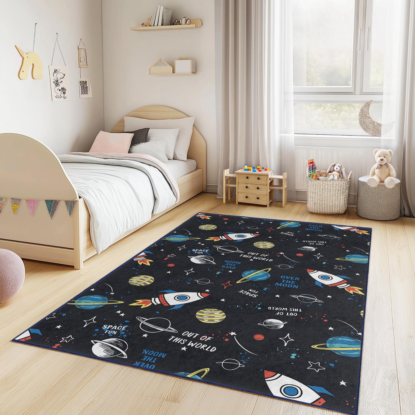 Weltraum-Spielteppich für Kinder, Raketen- und Planeten-Spielmatte, rechteckiger Kinderteppich, kosmische Deko fürs Kinderzimmer