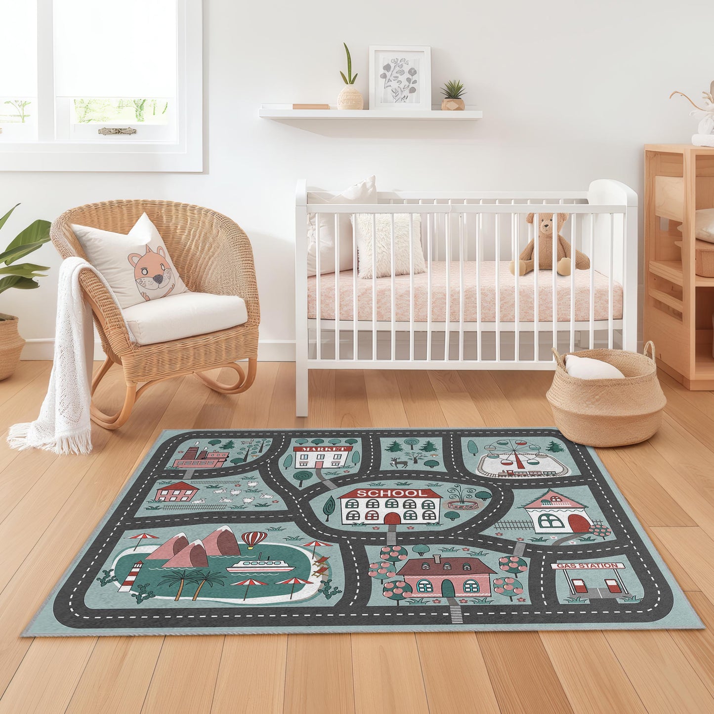 Verspielter Stadtstraßen-Kinderteppich, interaktiver rechteckiger Teppich fürs Spielzimmer, Kinderteppich mit Schulmotiv, weiche Spielmatte für Kinder