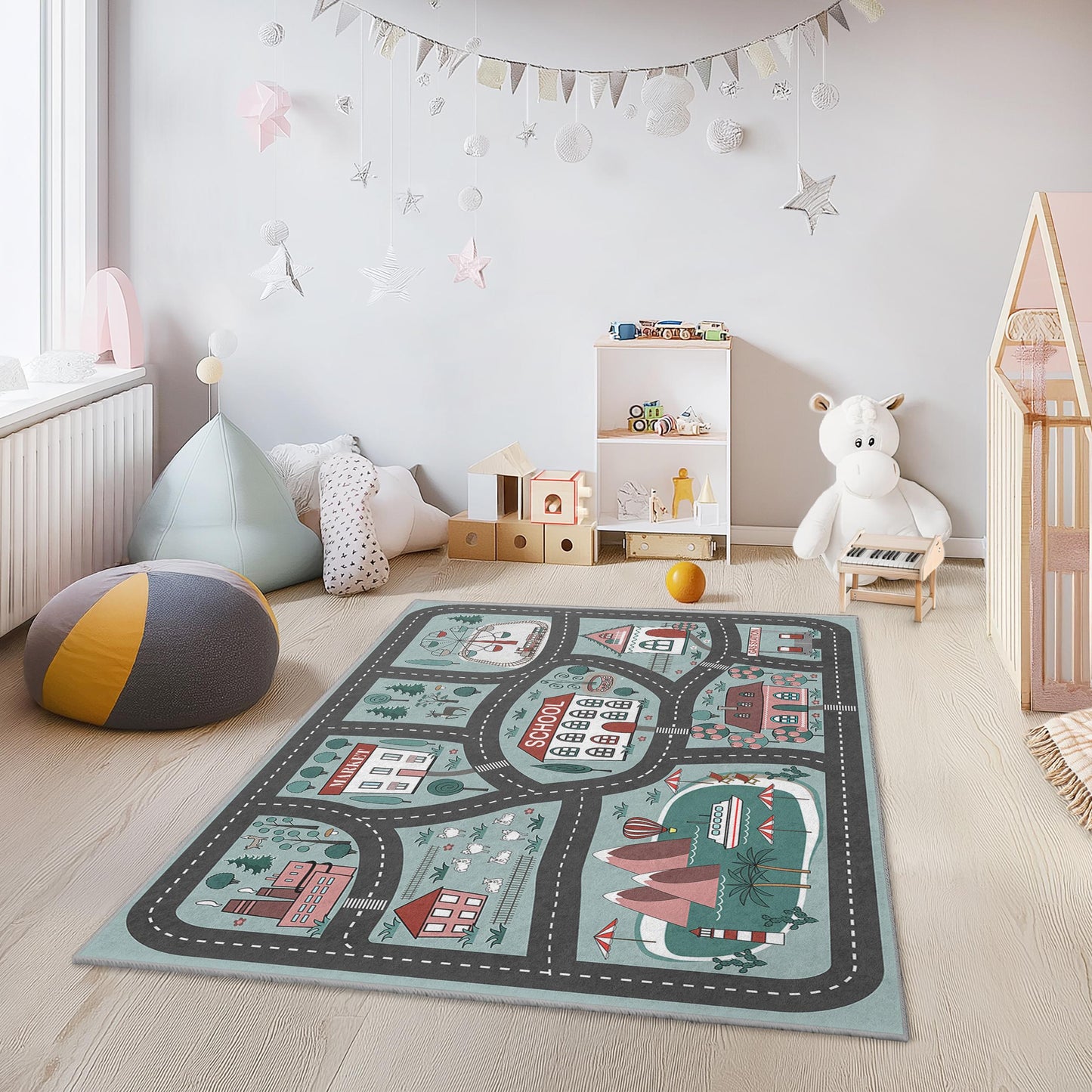 Verspielter Stadtstraßen-Kinderteppich, interaktiver rechteckiger Teppich fürs Spielzimmer, Kinderteppich mit Schulmotiv, weiche Spielmatte für Kinder