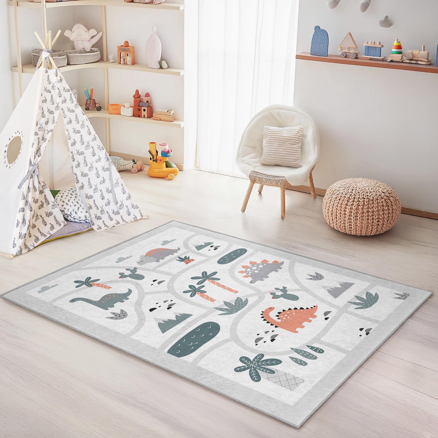 Dinosaurier-Abenteuer-Spielteppich für Kinder, interaktiver Dinosaurier-Kinderteppich, rechteckige Spielmatte, farbenfrohe Kinderzimmerdekoration, weicher Kinderzimmerteppich