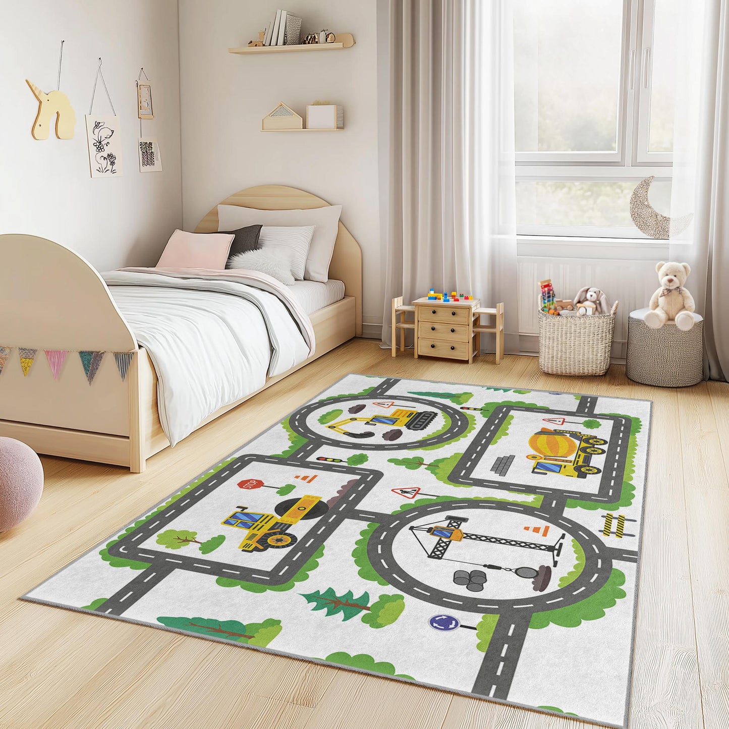 Baustellen-Spielteppich für Kinder, Straßenkarten-Teppich für Kinder, interaktive Spielmatte fürs Kinderzimmer, rechteckiger Kinderteppich