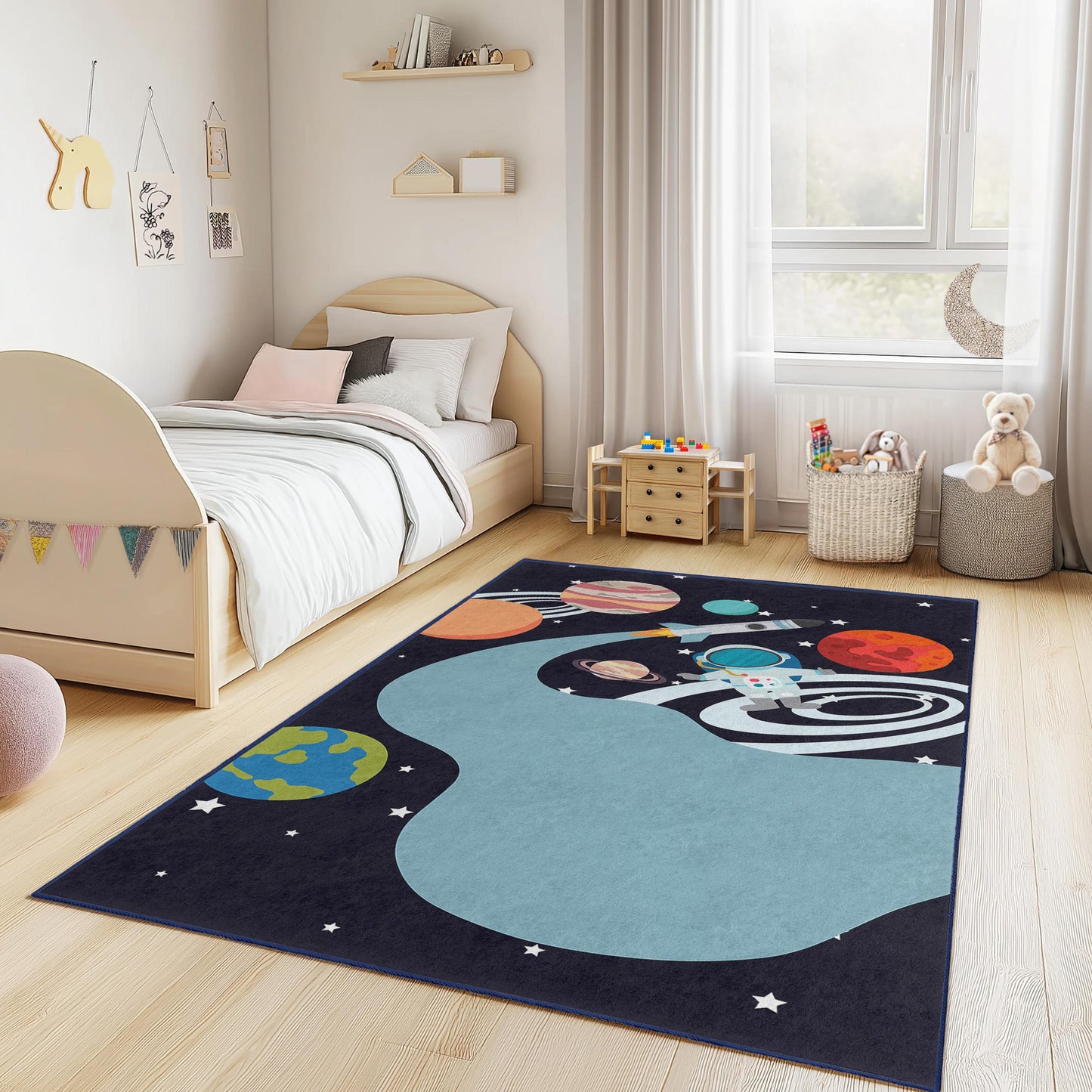 Weltraum-Abenteuer-Kinderteppich, Astronauten-Spielmatte, Galaxie-Teppich fürs Kinderzimmer, Weltraum-Design-Kinderzimmerdeko