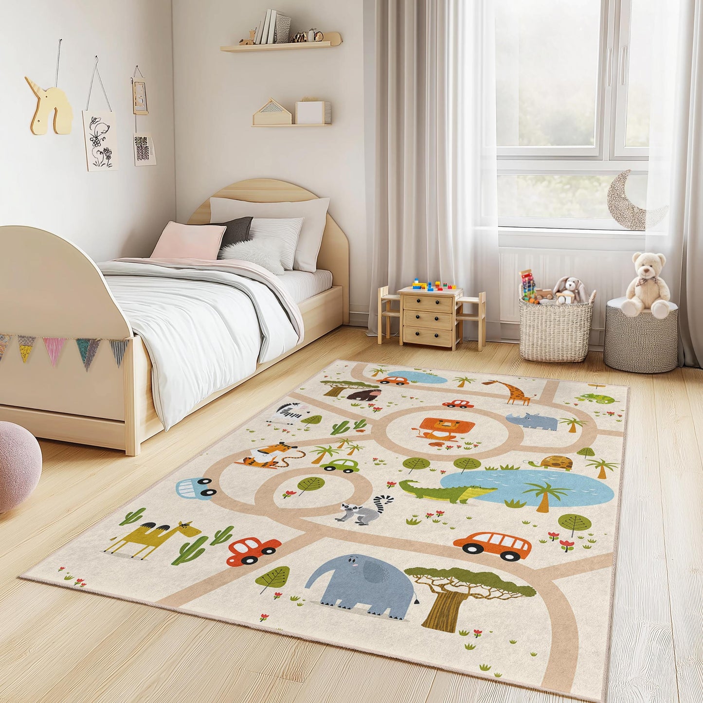 Safari-Spielmatte, bunter Tierabenteuer-Spielteppich für Kinder, rechteckiger Teppich mit Tierkarte, Kinderzimmerteppich, Kinderzimmerdekoration