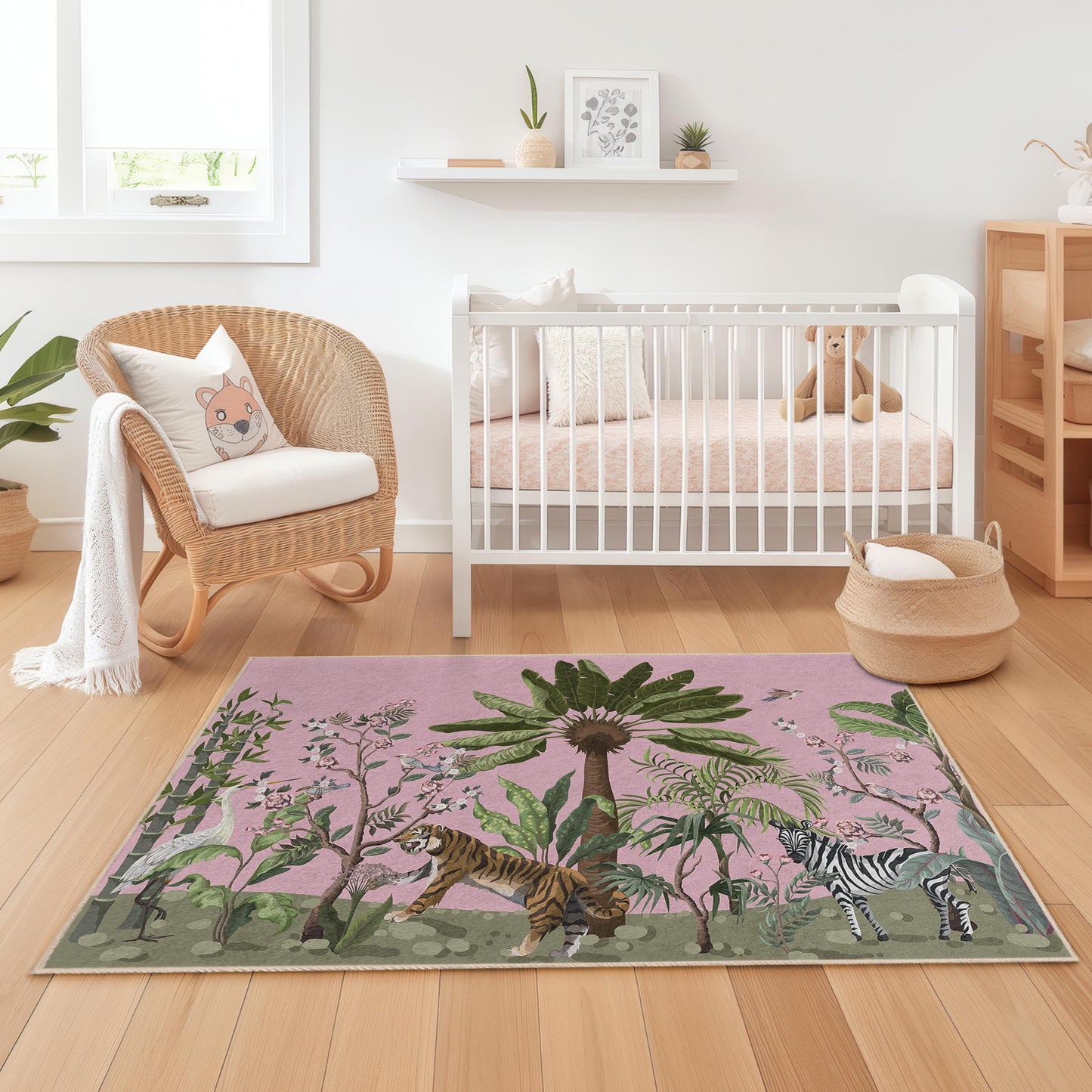Dschungelabenteuer-Spielteppich für Kinder, Tiermotiv-Kinderteppich, rechteckige Spielmatte fürs Kinderzimmer, weiche Kinderzimmerdekoration, Safari-Teppich