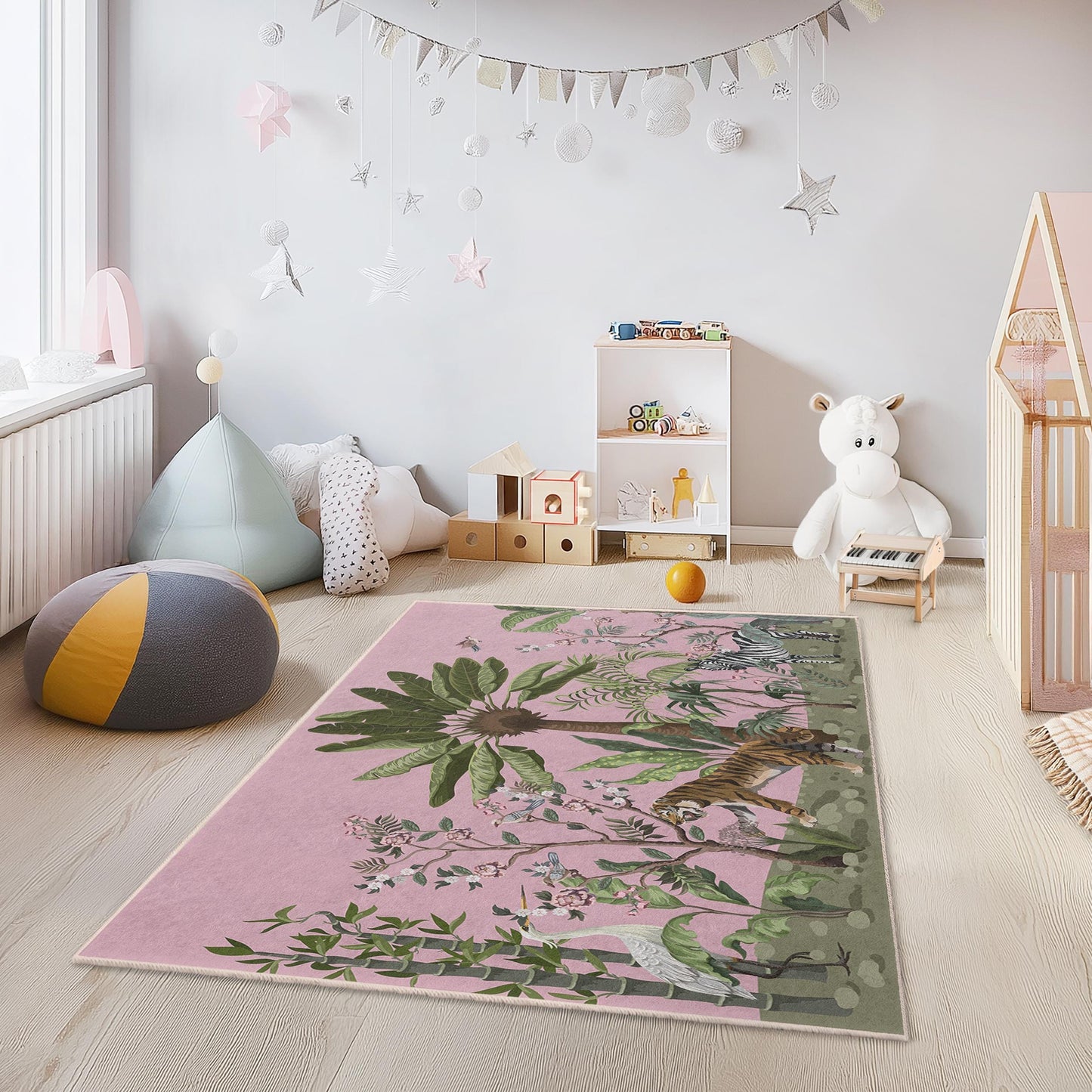 Dschungelabenteuer-Spielteppich für Kinder, Tiermotiv-Kinderteppich, rechteckige Spielmatte fürs Kinderzimmer, weiche Kinderzimmerdekoration, Safari-Teppich