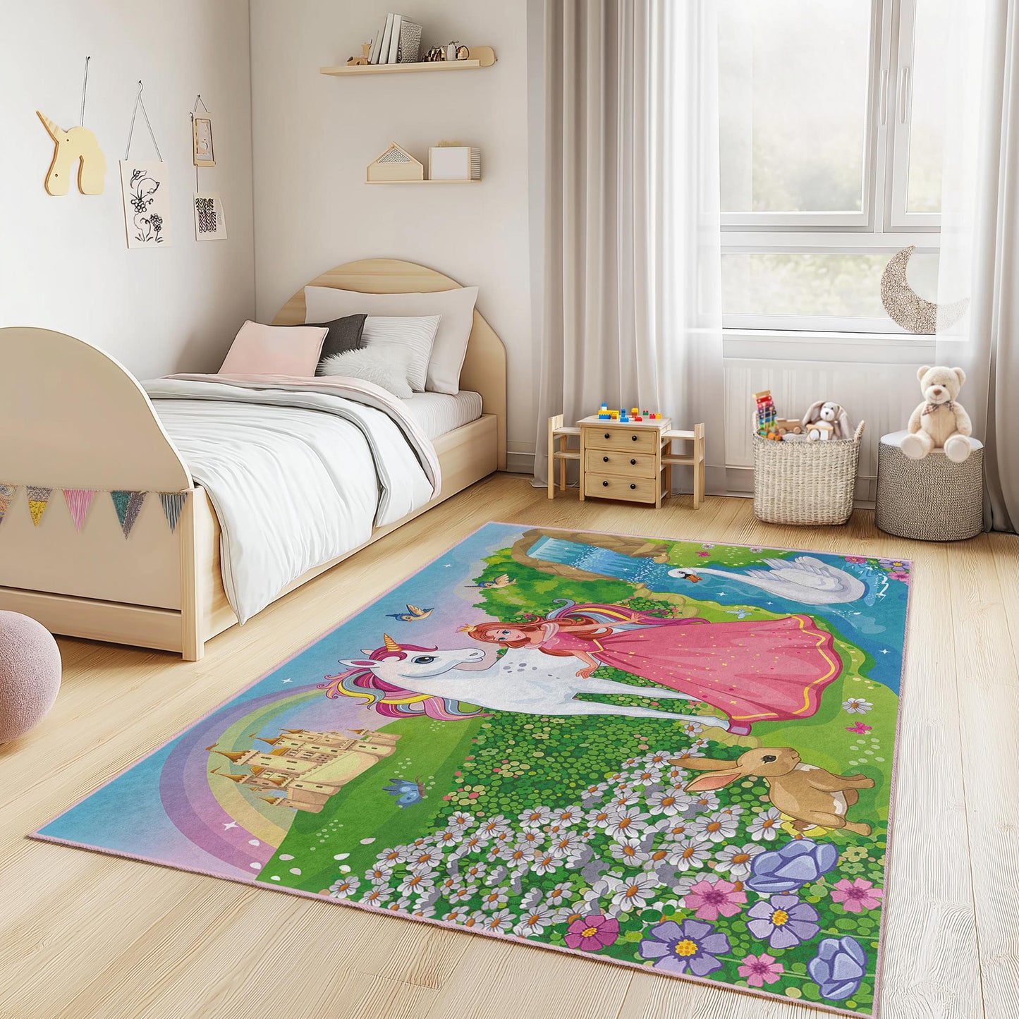 Zauberhafter Einhorn- und Prinzessinnen-Spielteppich für Kinder, rechteckiger Märchenteppich, verzauberter Landschaftsteppich fürs Kinderzimmer