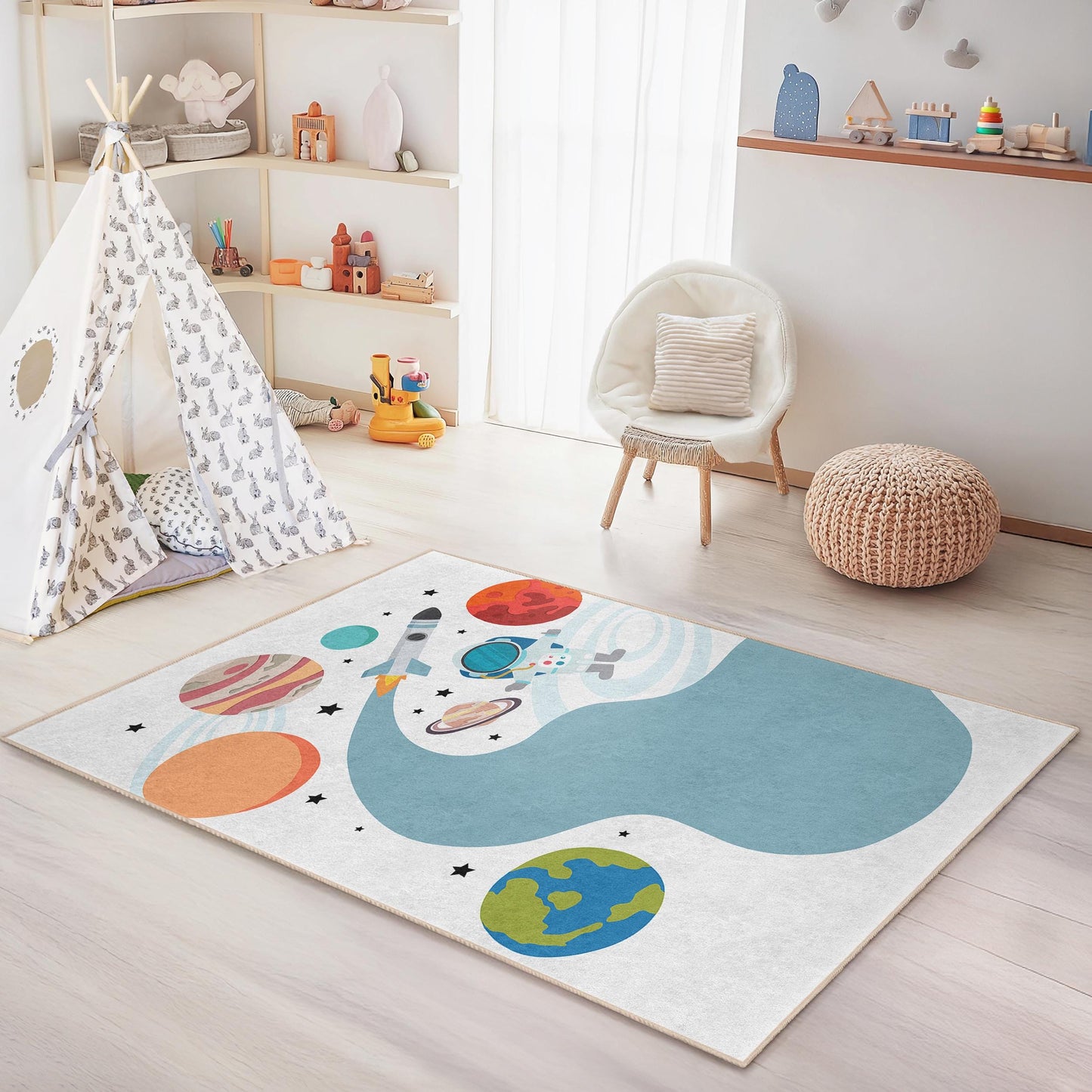 Weltraumabenteuer-Spielteppich für Kinder, Astronautenteppich fürs Kinderzimmer, rechteckige Spielmatte, Galaxie-Dekor, Spielzimmerteppich für Kleinkinder