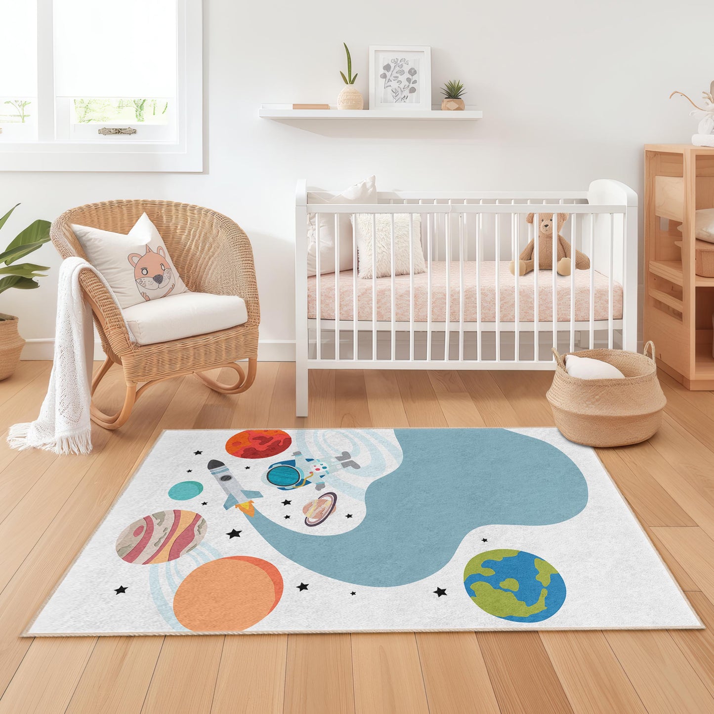 Weltraumabenteuer-Spielteppich für Kinder, Astronautenteppich fürs Kinderzimmer, rechteckige Spielmatte, Galaxie-Dekor, Spielzimmerteppich für Kleinkinder