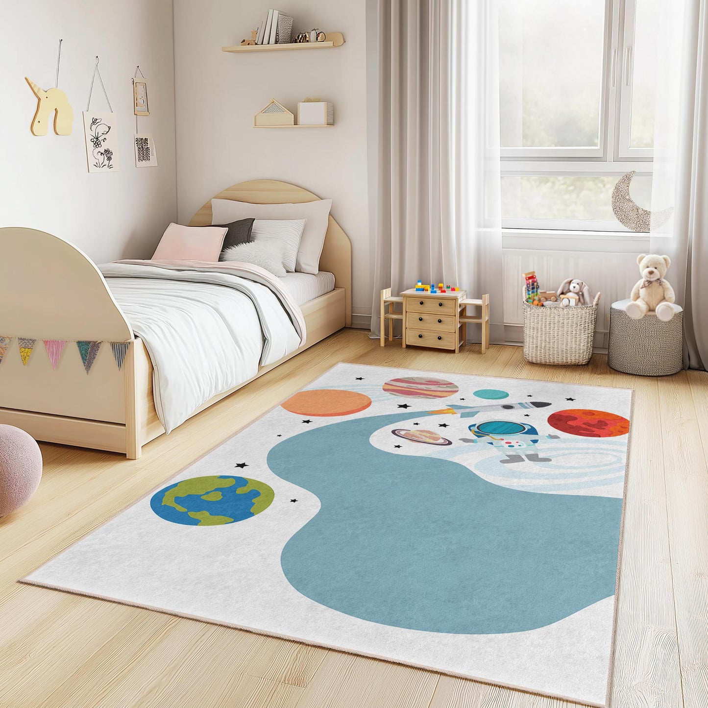 Weltraumabenteuer-Spielteppich für Kinder, Astronautenteppich fürs Kinderzimmer, rechteckige Spielmatte, Galaxie-Dekor, Spielzimmerteppich für Kleinkinder