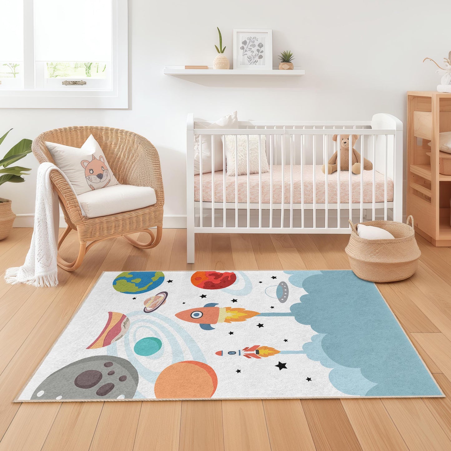 Weltraumabenteuer-Kinderteppich: Raketen- und Planeten-Spielzimmerdekoration
