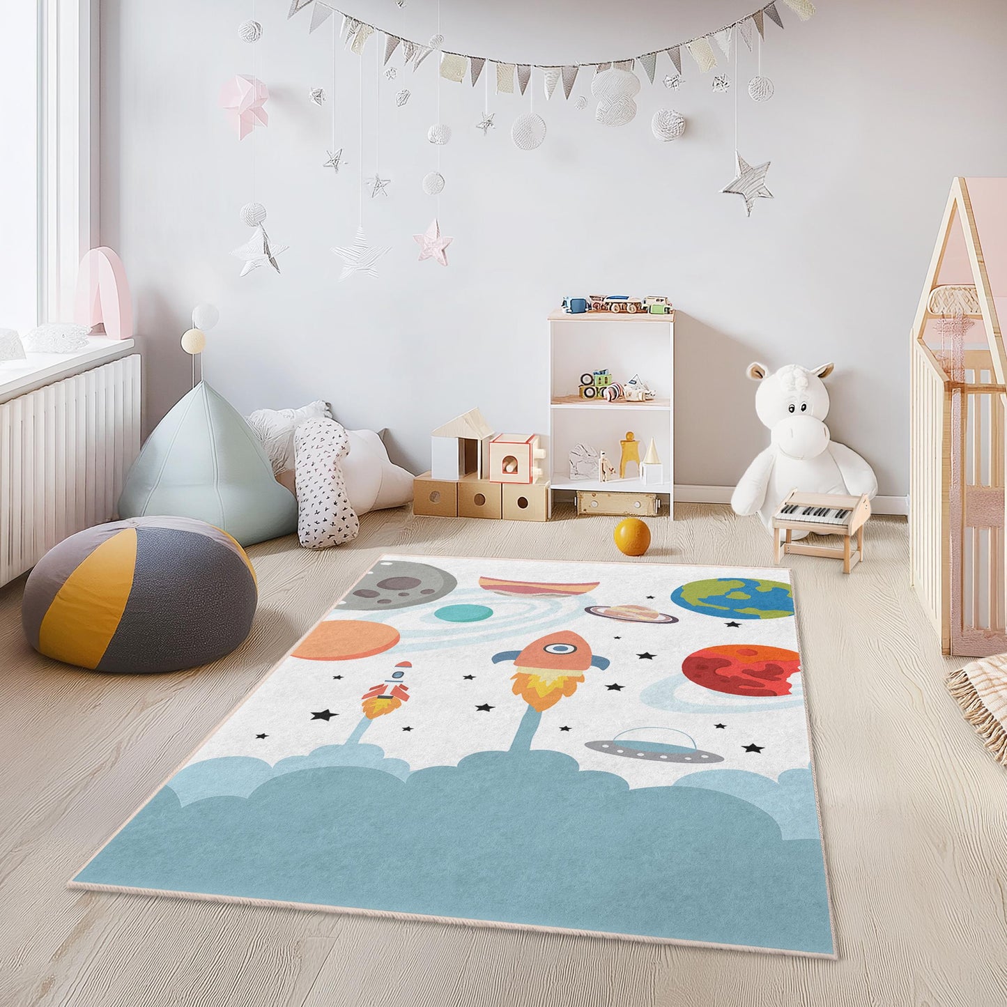 Weltraumabenteuer-Kinderteppich: Raketen- und Planeten-Spielzimmerdekoration