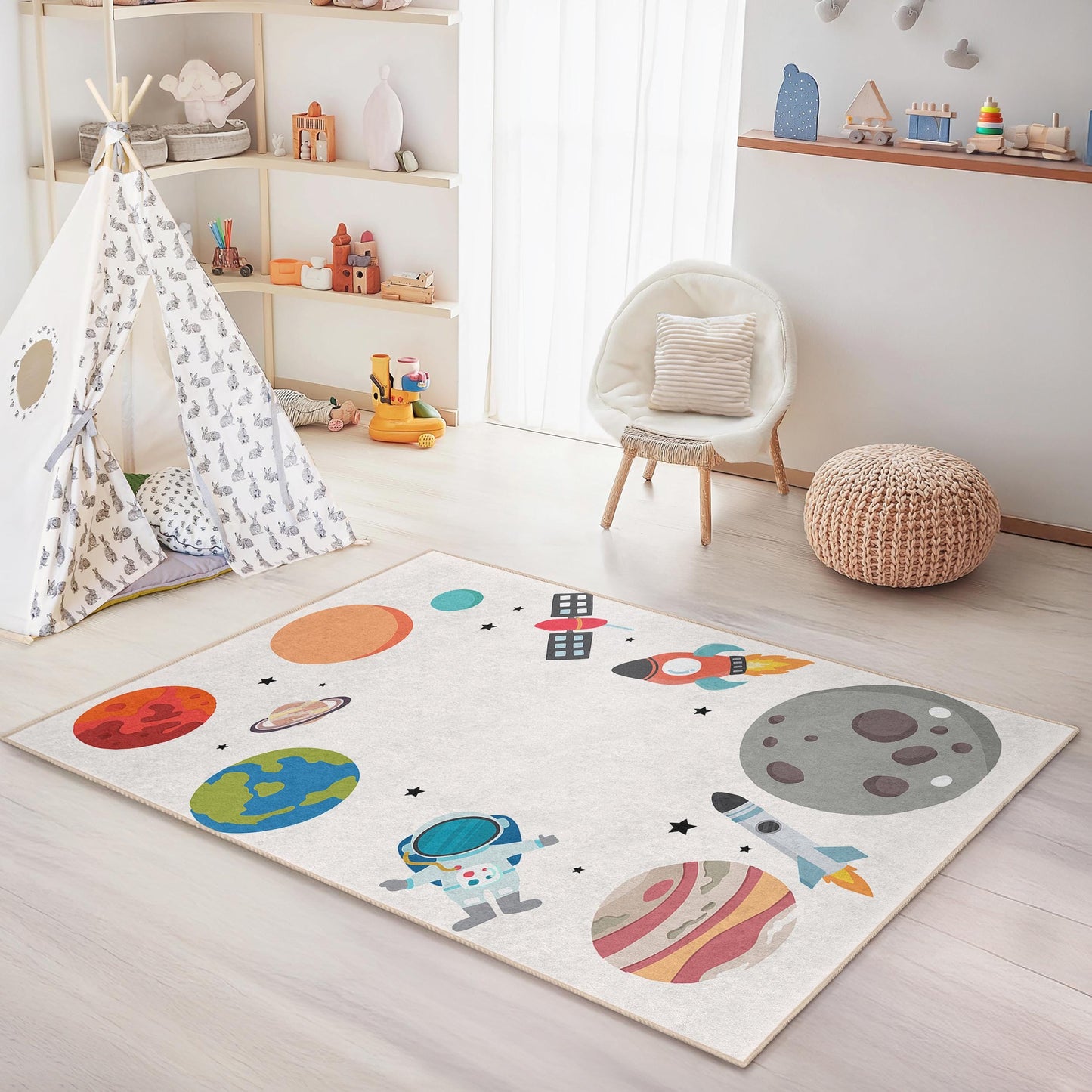 Kosmisches Abenteuer-Kinderteppich, Weltraum-Spielmatte, rechteckiger Kinderzimmerteppich, Astronautenteppich, Galaxie-Dekor für Kinder