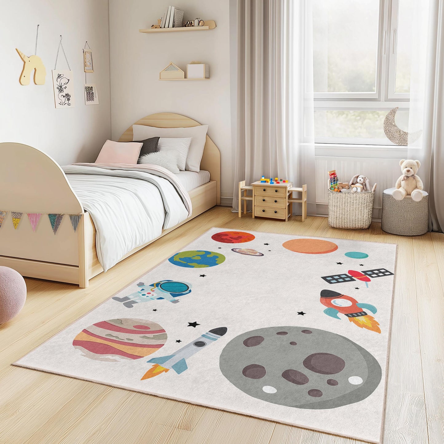 Kosmisches Abenteuer-Kinderteppich, Weltraum-Spielmatte, rechteckiger Kinderzimmerteppich, Astronautenteppich, Galaxie-Dekor für Kinder