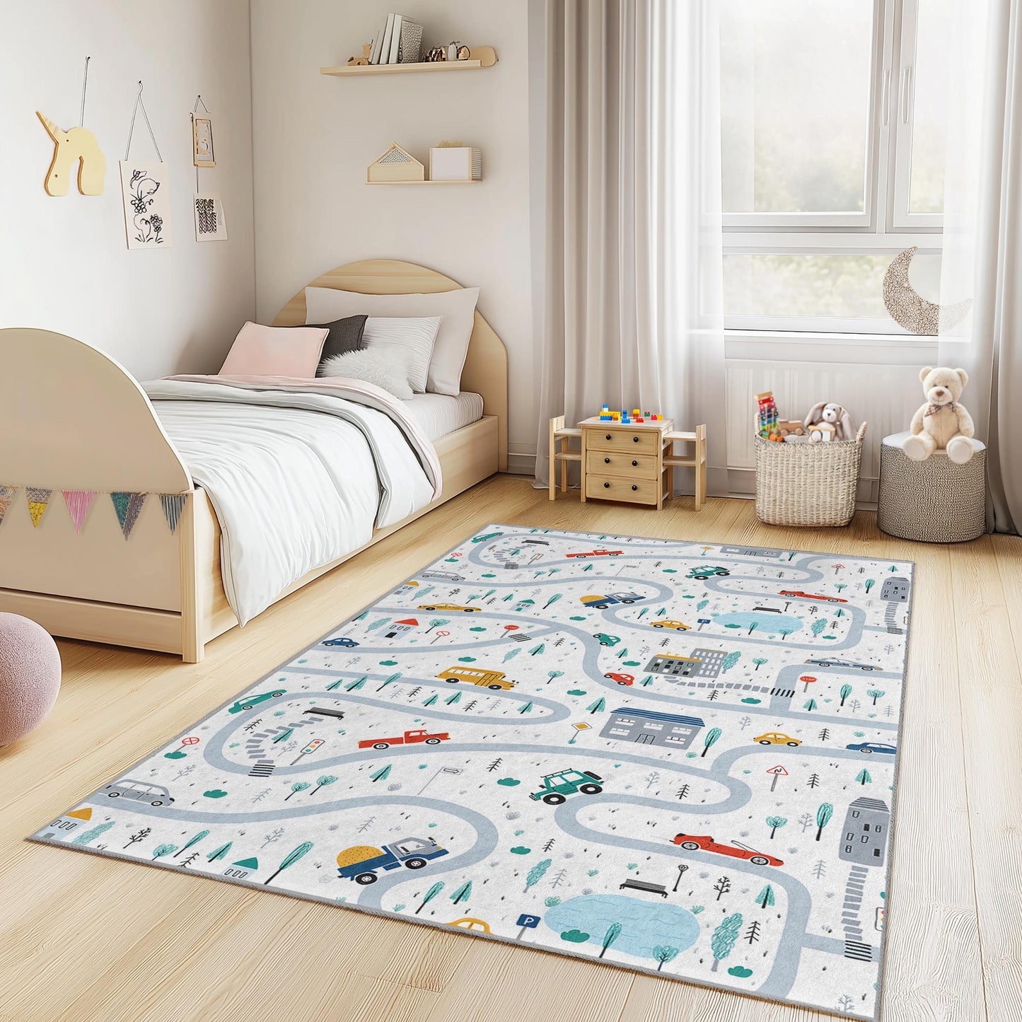 Lebendiger Straßenkarten-Spielteppich für Kinder, verspielte rechteckige Spielmatte, Kinderzimmerteppich, farbenfrohes Fahrzeugdesign, Dekoration für das Kinderzimmer