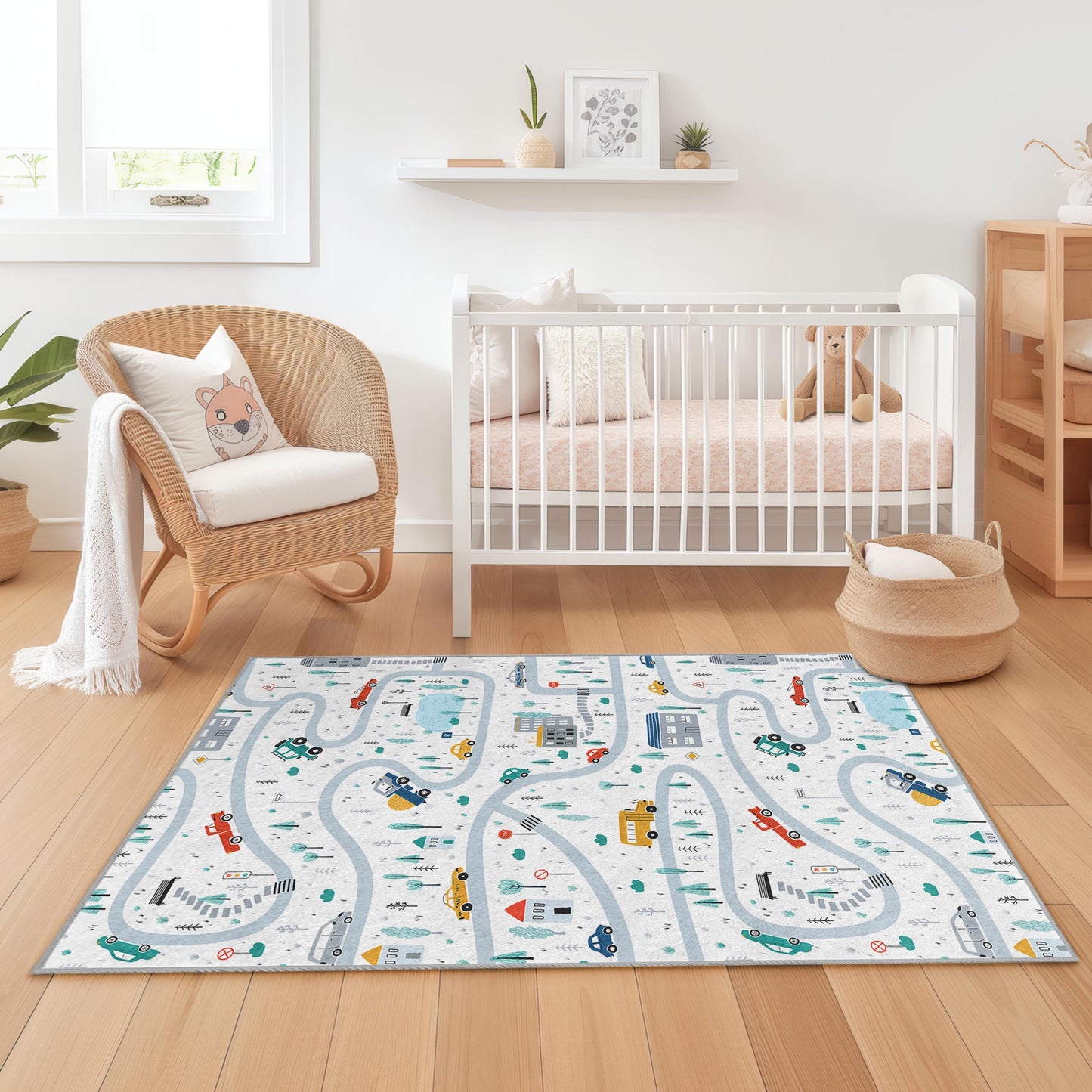 Lebendiger Straßenkarten-Spielteppich für Kinder, verspielte rechteckige Spielmatte, Kinderzimmerteppich, farbenfrohes Fahrzeugdesign, Dekoration für das Kinderzimmer