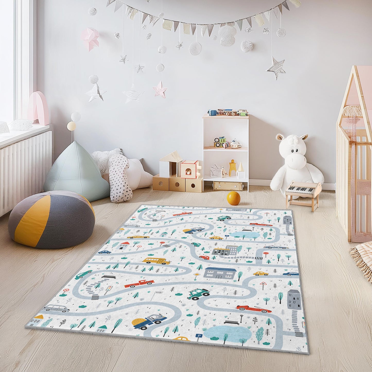 Lebendiger Straßenkarten-Spielteppich für Kinder, verspielte rechteckige Spielmatte, Kinderzimmerteppich, farbenfrohes Fahrzeugdesign, Dekoration für das Kinderzimmer