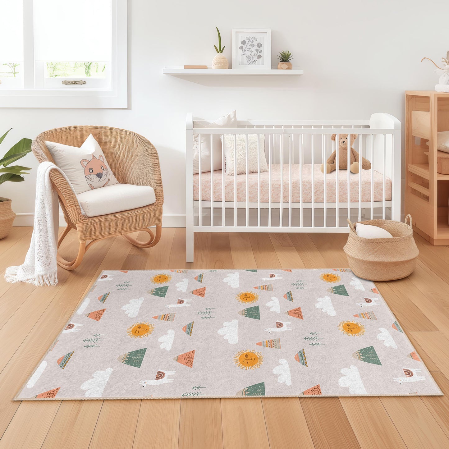 Verspielter Kinderteppich „Berg Sonne“, niedlicher Tierteppich für Kinder, rechteckiger Kinderzimmerteppich, farbenfrohe Kinderzimmerdekoration