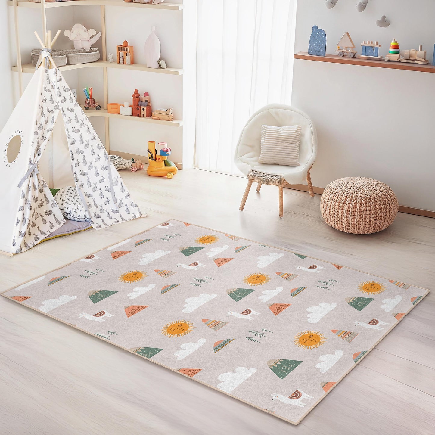 Verspielter Kinderteppich „Berg Sonne“, niedlicher Tierteppich für Kinder, rechteckiger Kinderzimmerteppich, farbenfrohe Kinderzimmerdekoration