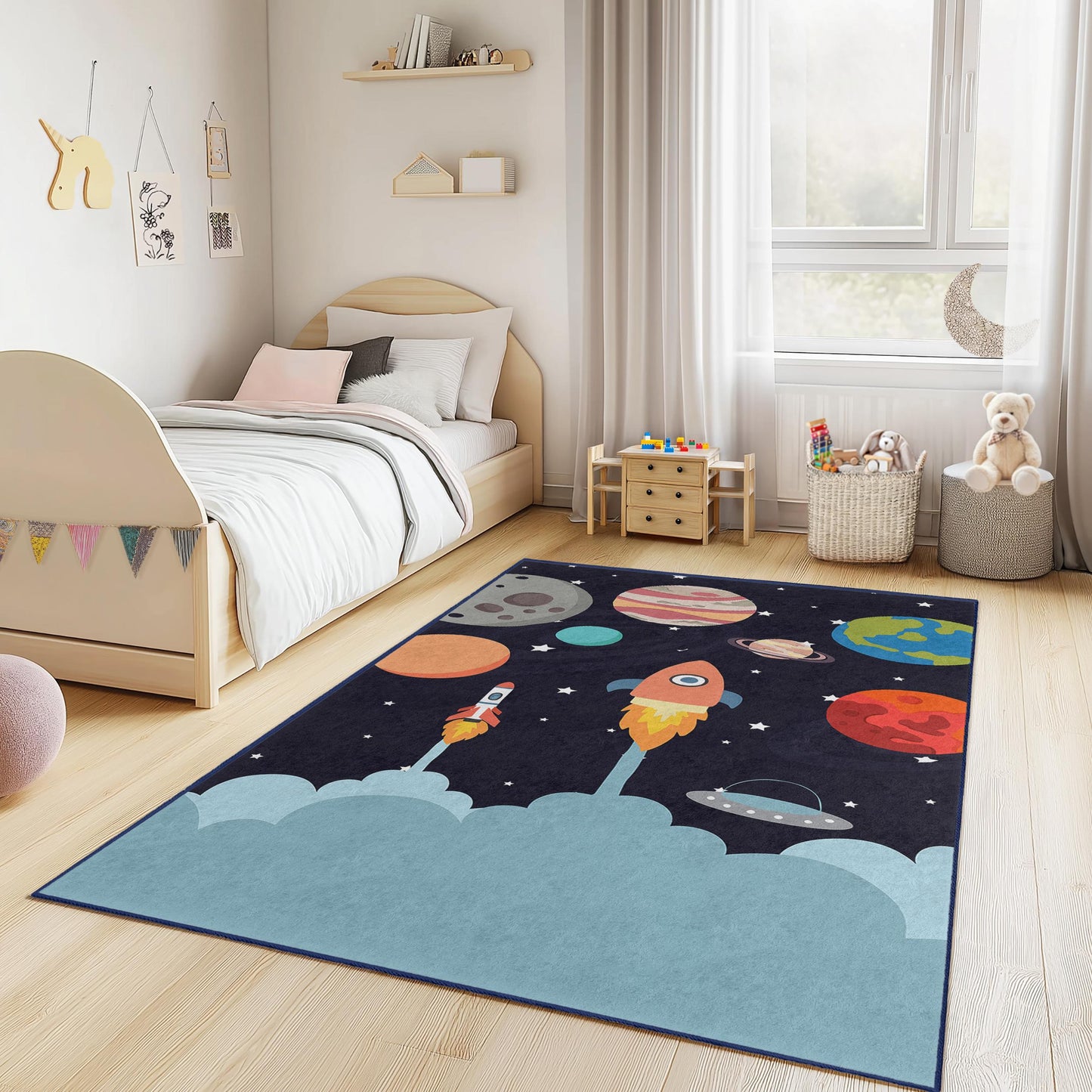 Weltraum-Deko, Weltraumabenteuer-Kinderteppich, Raketen- und Planeten-Spielmatte, rechteckiger Kinderzimmerteppich, Babyzimmerteppich