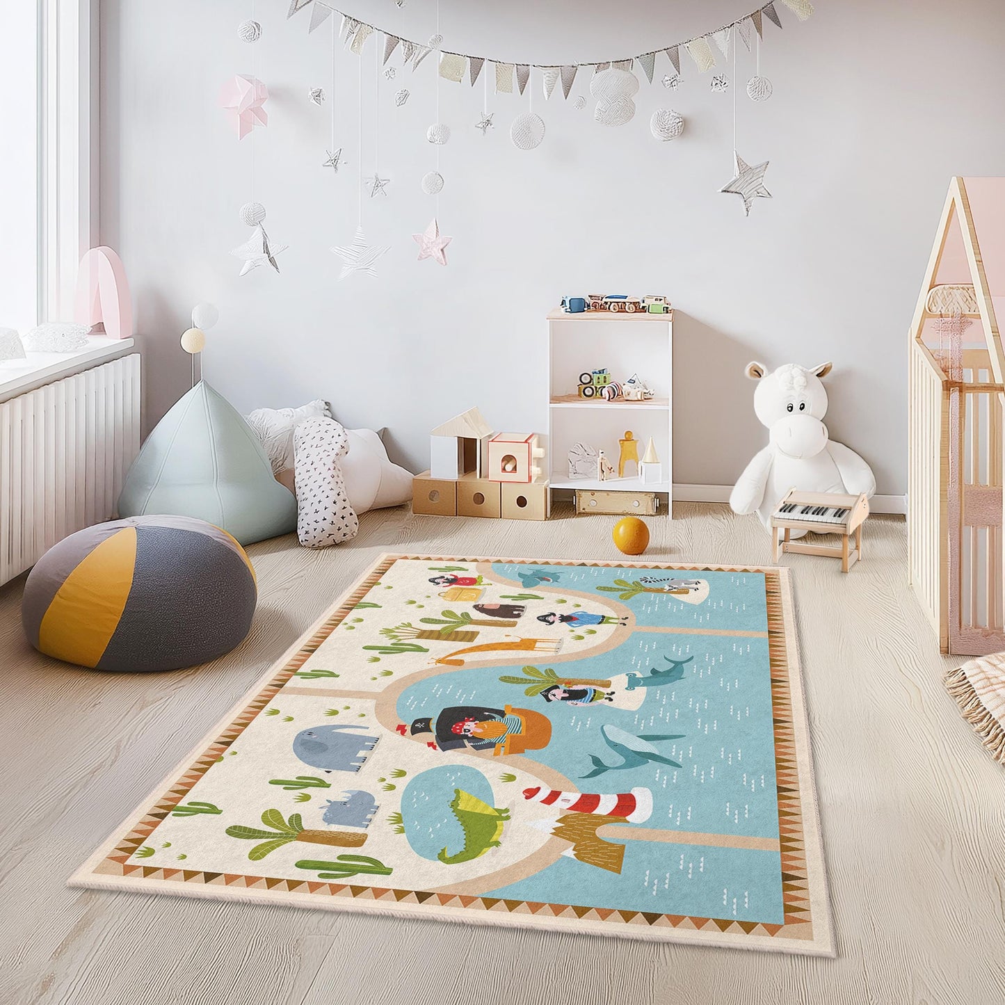 Abenteuerinsel-Spielteppich für Kinder, rechteckiger Kinderteppich, Spielzimmerdekoration, Teppich im Safari-Stil, weiche Spielmatte fürs Kinderzimmer, Tierabenteuer-Teppich