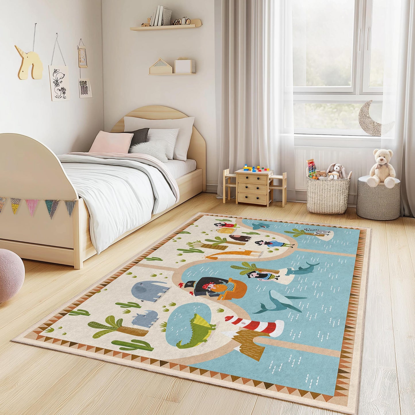 Abenteuerinsel-Spielteppich für Kinder, rechteckiger Kinderteppich, Spielzimmerdekoration, Teppich im Safari-Stil, weiche Spielmatte fürs Kinderzimmer, Tierabenteuer-Teppich