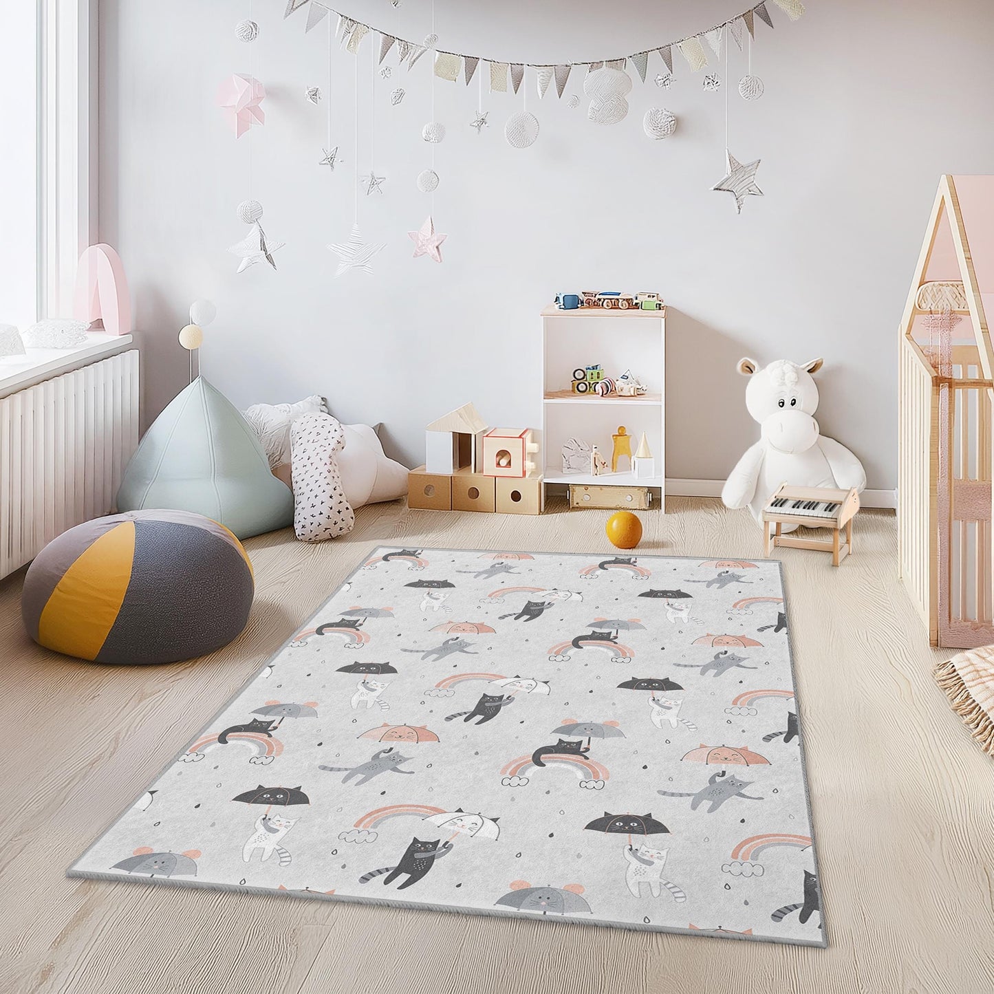 Spielteppich mit Katzenmotiv (Regenbogen), niedlicher Kinderteppich mit Katzenmuster, rechteckiger Kinderteppich, Spielzimmerdekoration, weicher Kinderzimmerteppich