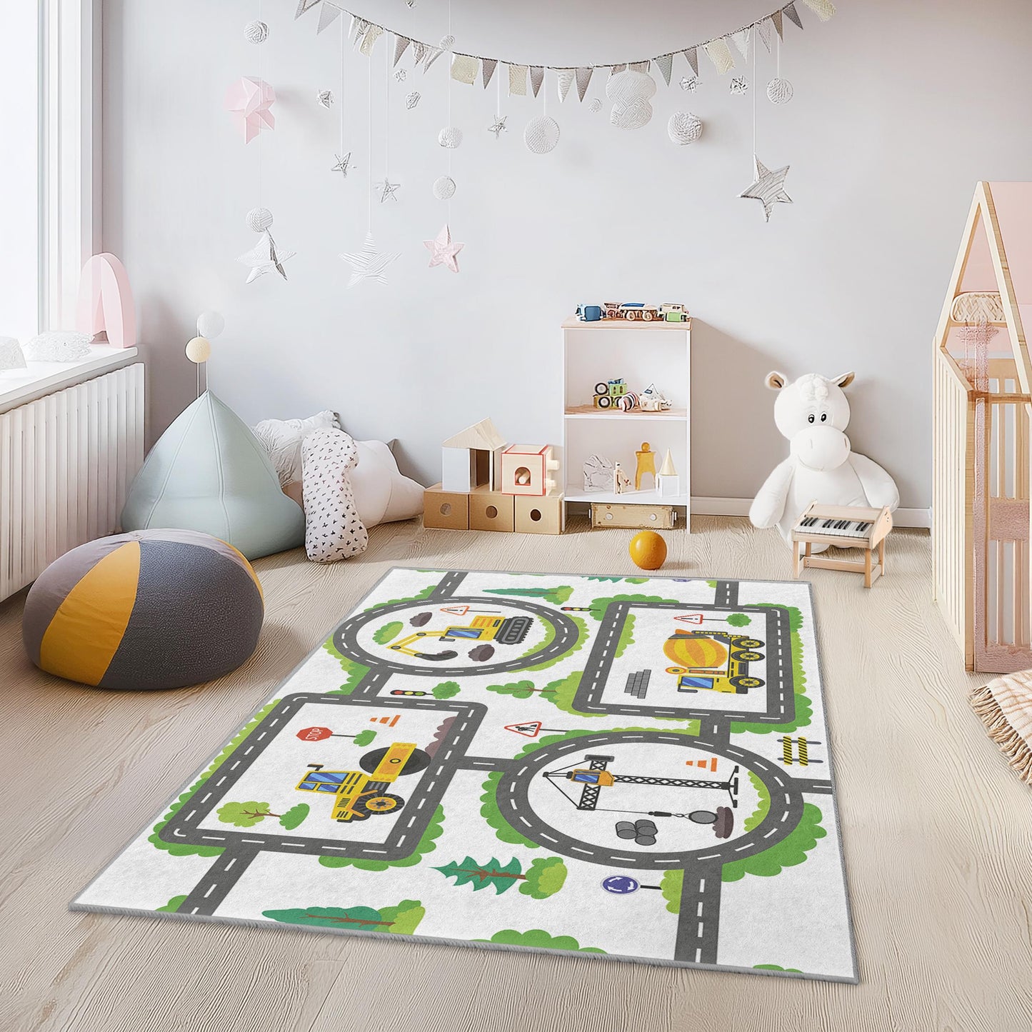 Baustellen-Spielteppich für Kinder, Straßenkarten-Teppich für Kinder, interaktive Spielmatte fürs Kinderzimmer, rechteckiger Kinderteppich
