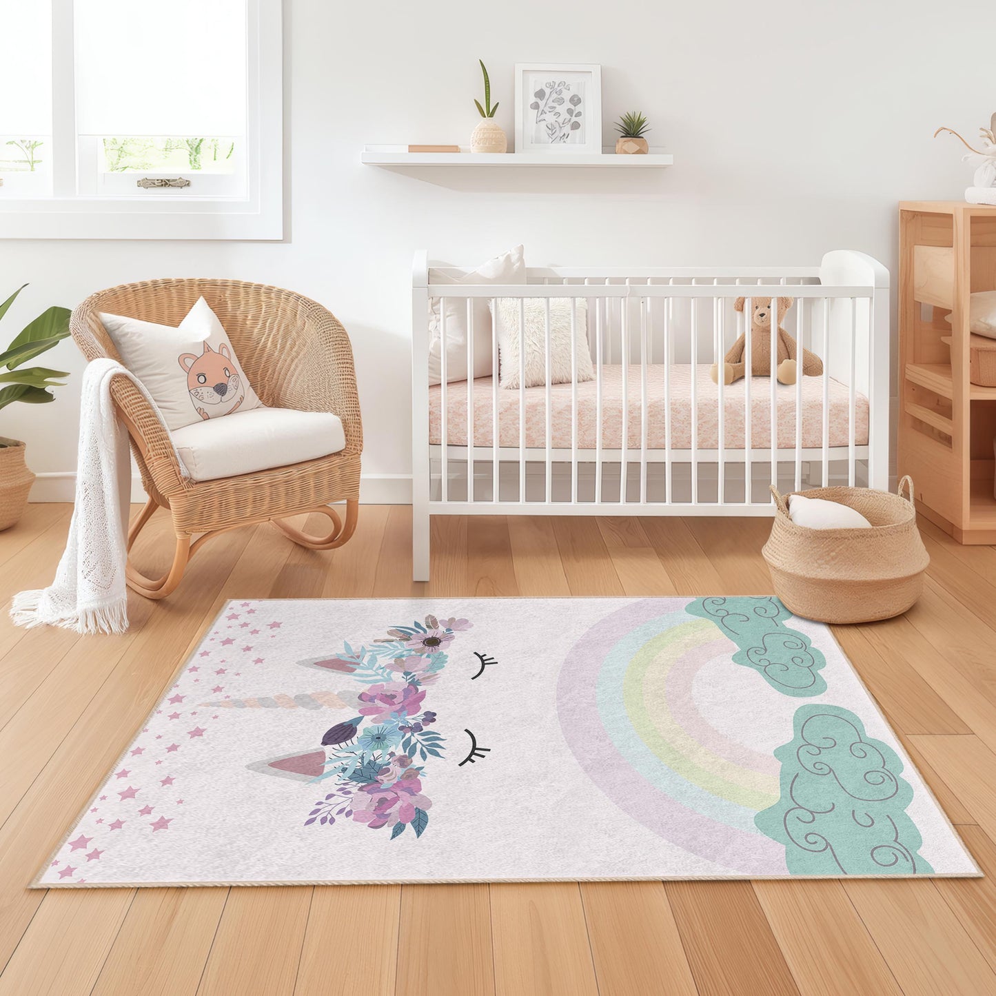 Verspielter Einhorn-Spielteppich für Kinder, Regenbogen-Spielmatte, rechteckiger Kinderteppich, Kinderzimmerdekoration, Spielteppich mit Blumenmuster