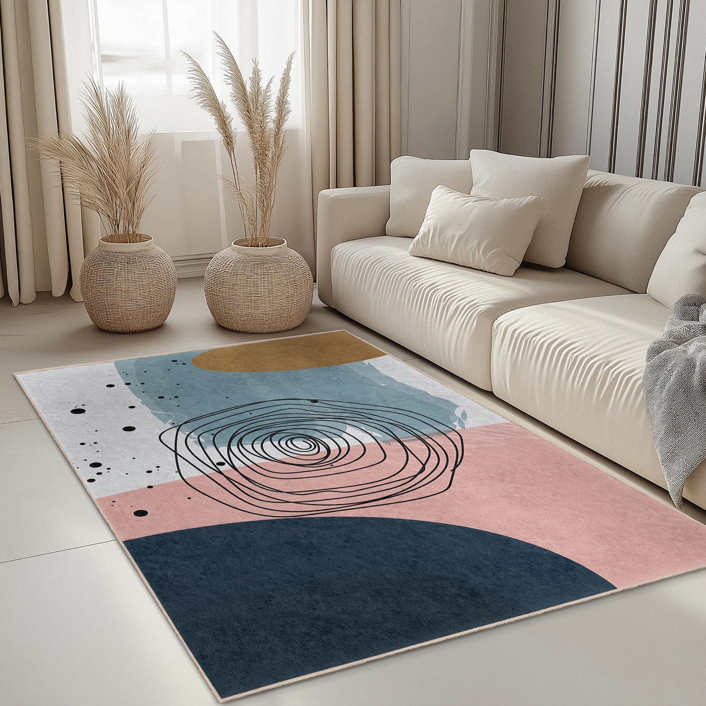 Einzigartiges geometrisches Design | Moderner abstrakter rechteckiger Teppich | Stilvoller Wohnzimmerteppich | Weiche, rutschfeste Baumwollmatte