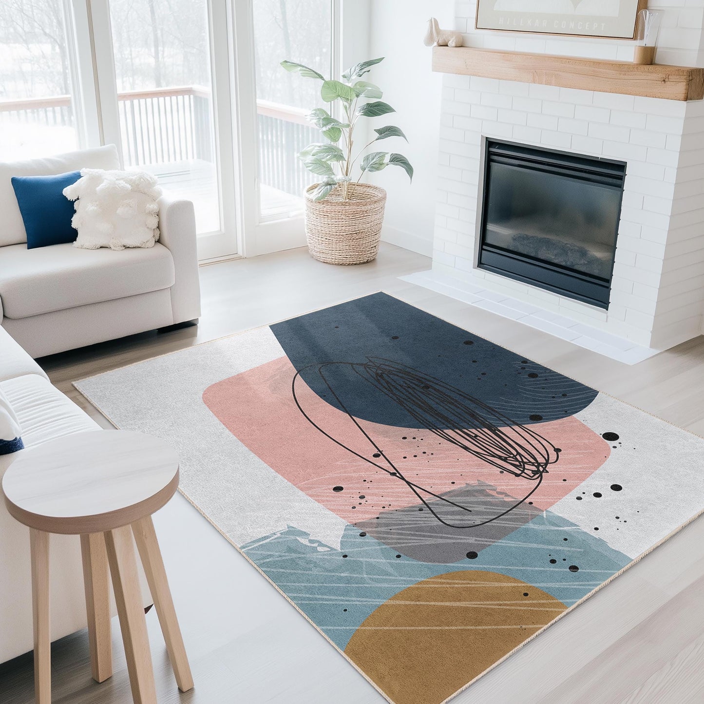Rechteckiger Teppich mit abstrakten Formen | Moderner Wohnzimmerteppich | Schicke Wohndekoration | Stilvolle Matte mit geometrischem Design